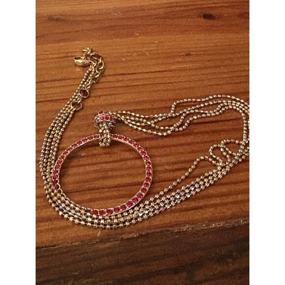 Vintage Monet Gold Tone O Pendant Necklace Red Rhinestones BEAUTIFUL! - Picture 9 of 10